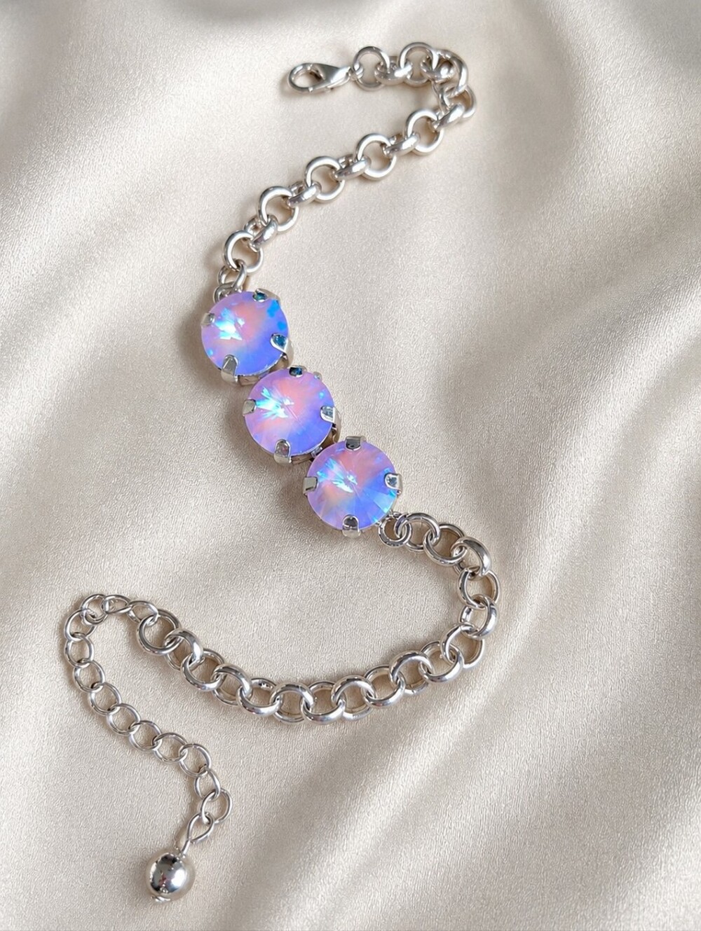 Violet Crystal Silver Rolo Chain Bracelet | Handmade Jewelry